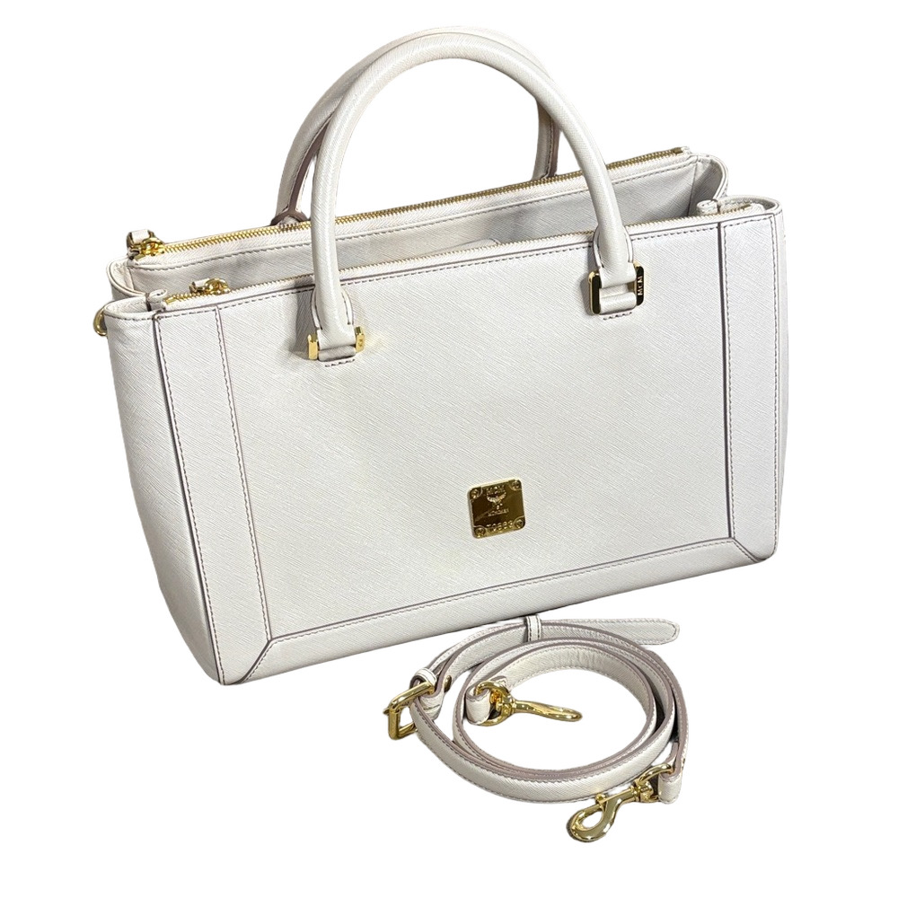 MCM Saffiano Nuovo Double-Zip Tote  Bag Cream White w/ Strap &COA
